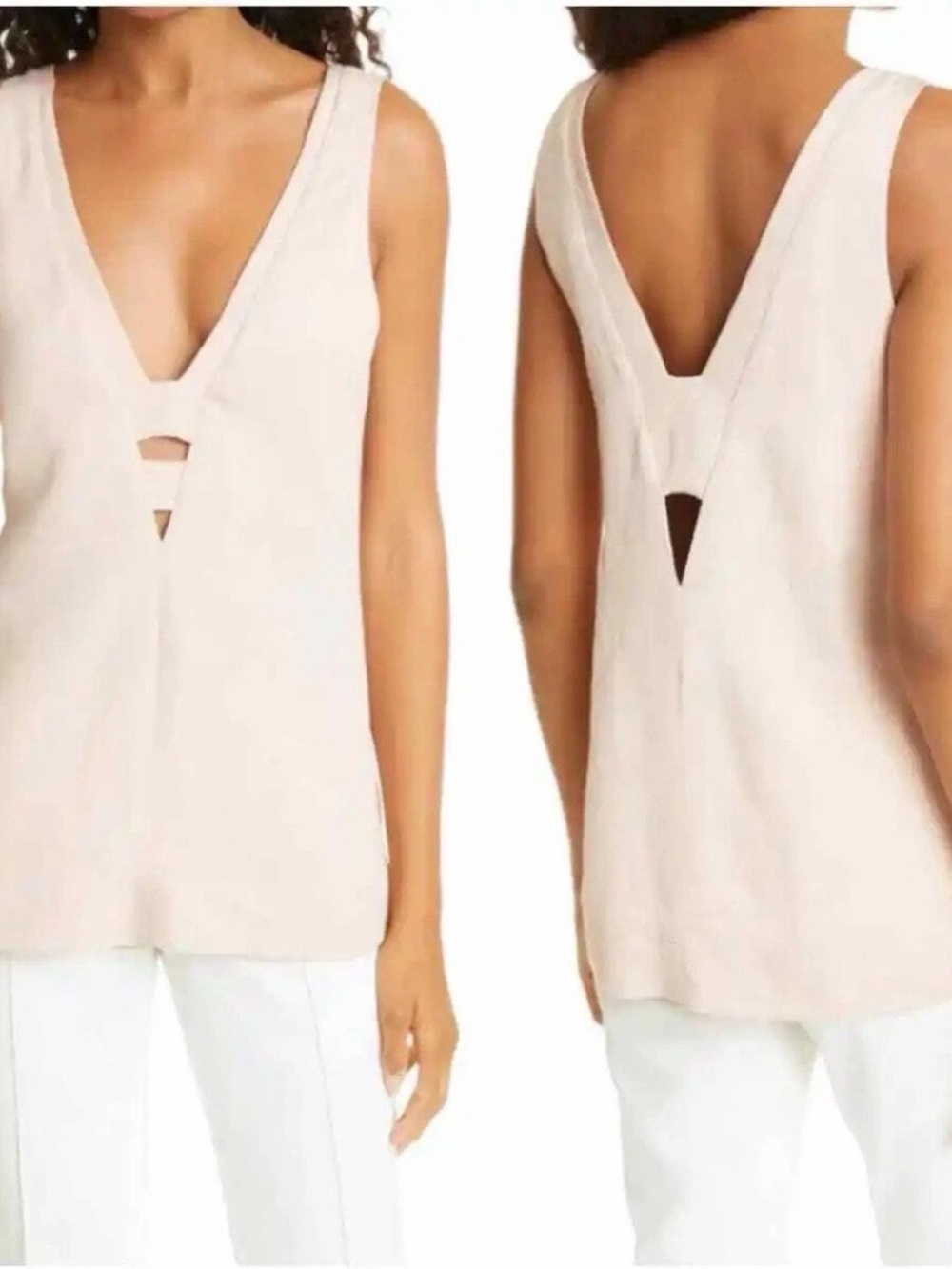 Reiss Pale Blush Linen-Blend V-Neck Top -Sz S